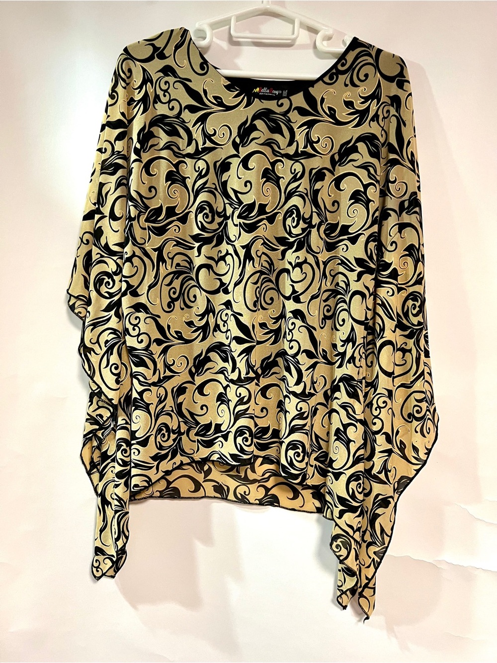 Mella USA Fashion Beige Black Scroll Print Cape Sleeve Blouse XL